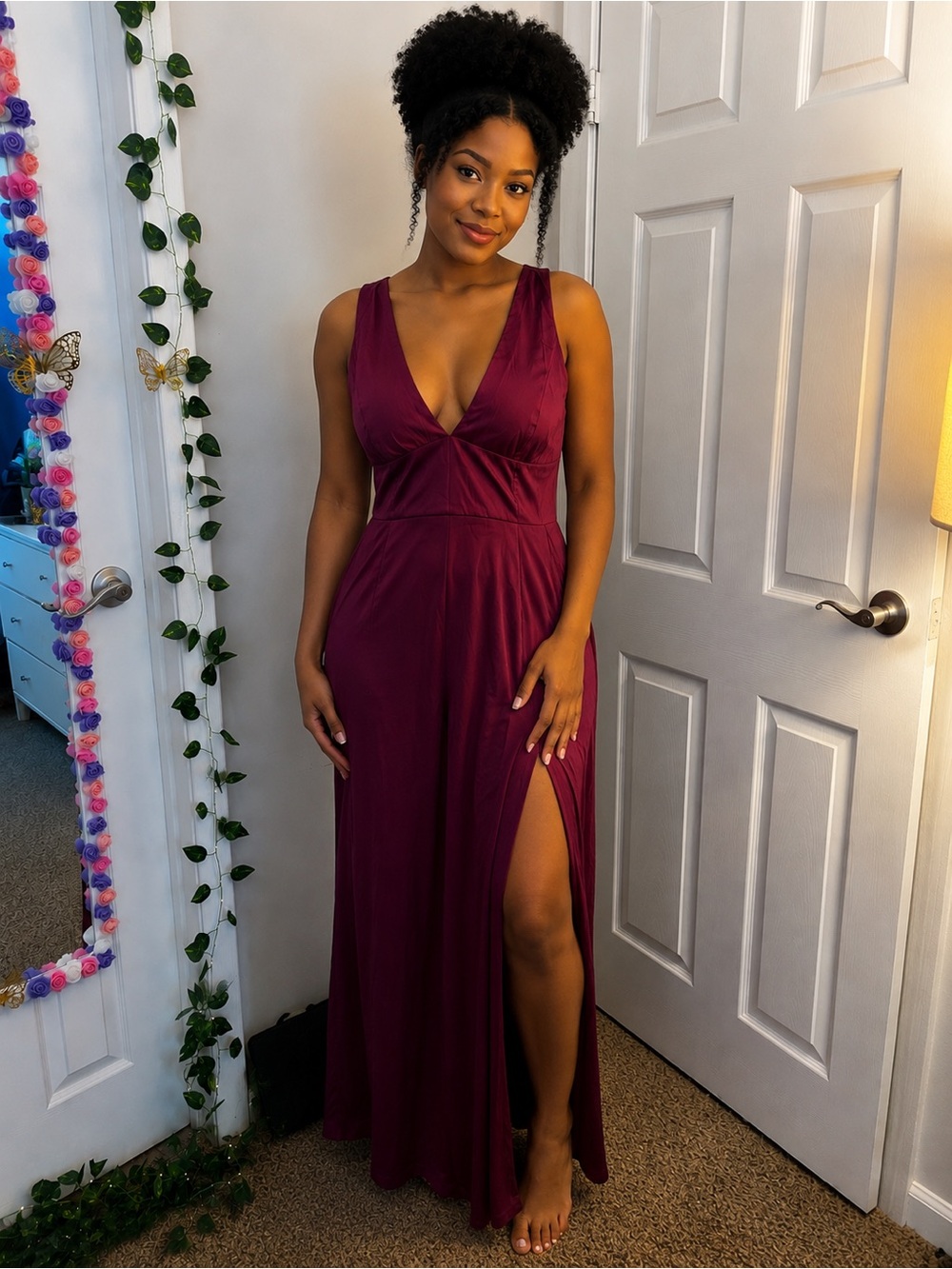 Deep Wine V-Neck Maxi Dress with Side Slit